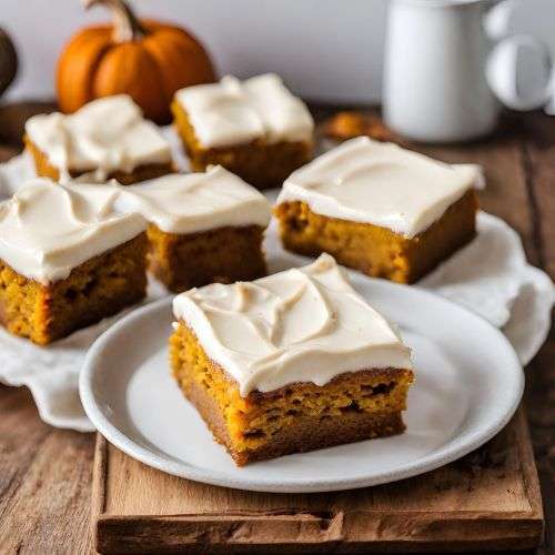Cream cheese pumpkin bars on a white plate sitting on top of a table, generated by AI.