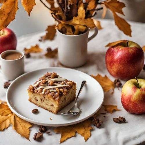 A slice of magic apple coffee cake on a fall-themed table. Image generated by AI.