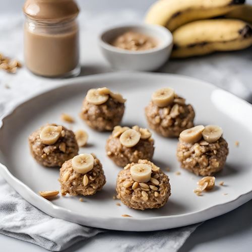 Peanut butter banana oat bites on a white plate, generated by AI.