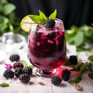 A blackberry sangria served in a hurricane glass rendered with AI assistance.
