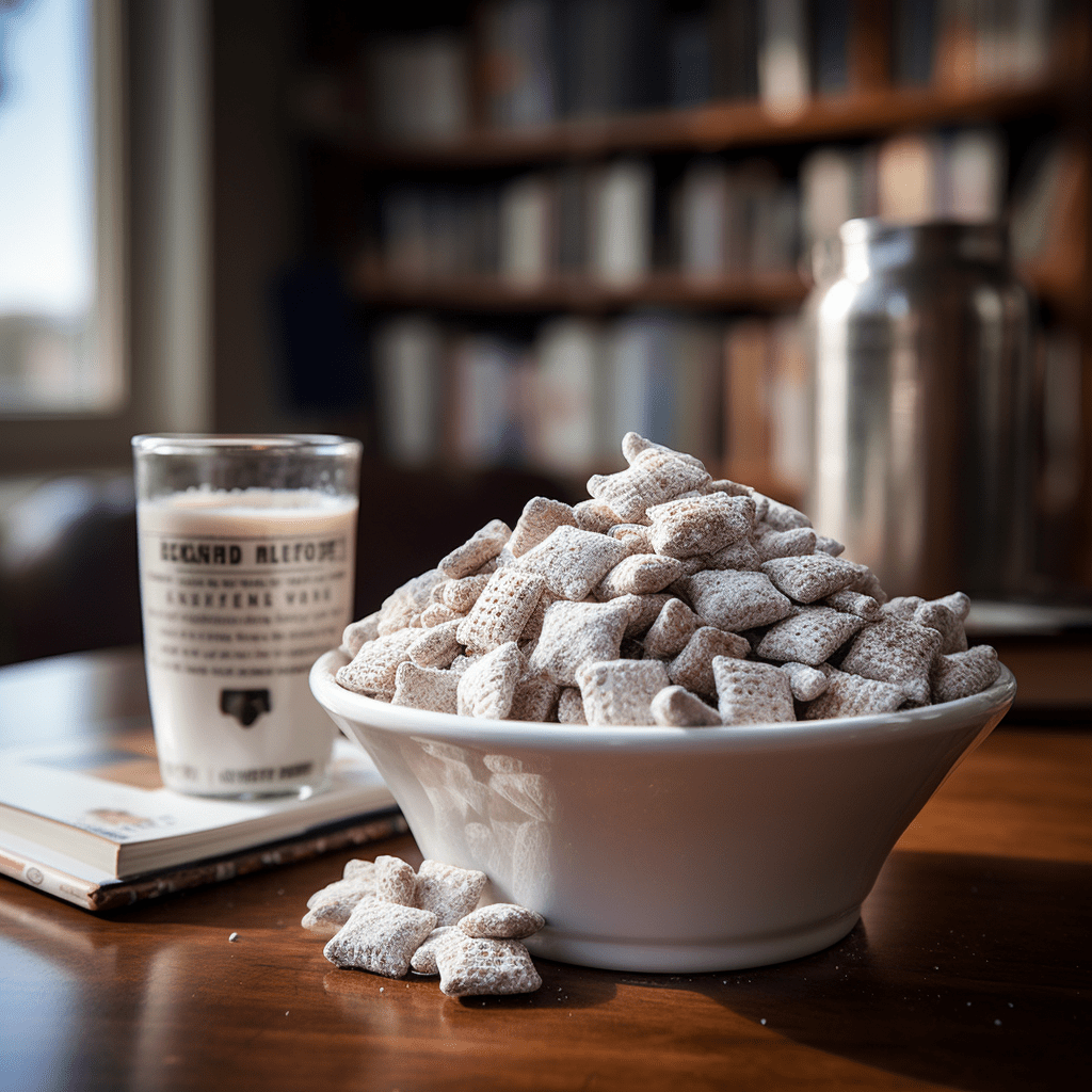 A bowl of puppy chow sitting on a table, rendered with AI assistance.