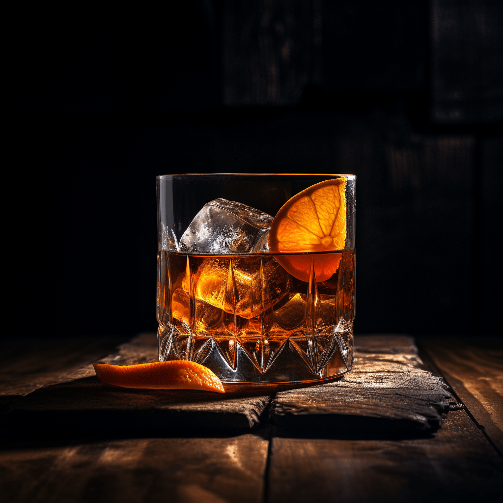 A render of a Wisconsin Old Fashioned (also known as a brandy old fashioned) sitting on a wood coaster on top of a wooden bar in a dark room.